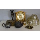 A selection of miscellaneous items, gilt bookends, lamp shade, candlestick, cast teapot, biscuit