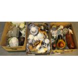 Three boxes of miscellaneous china and glasswares, including a large pottery hen on nest, a