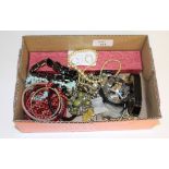 A box of mixed jewellery, including silver ear hoops, yellow metal chain and pendant, hematite