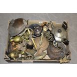 A box of assorted metal wares, brass horse, brass dog, companion wares, copper kettle,