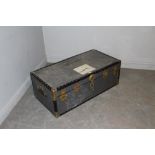 A large blue leather canvas travel trunk, with blue checked material lining 35cm x 100cm x 51cm used