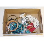 A box of mixed jewellery, including yellow metal rope-twist 52" guard chain, silver ear drops,
