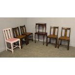 Four 1940's oak dining chairs, a pink-painted 1940's chair and two modern mahogany occasional