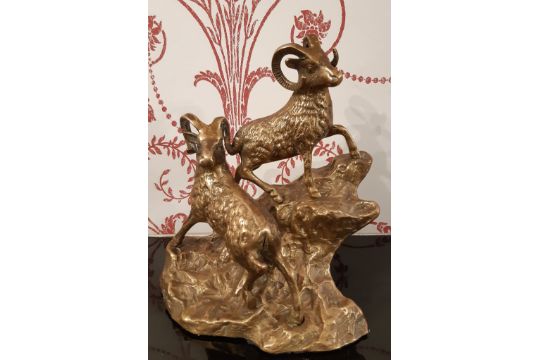 Early 20th century brass figure of two ibex / mountain goats on rocky outcrop, 20cm high - Image 2 of 2