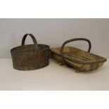 Two Vintage bentwood garden trugs, one circular and oblong. used but generally sound.