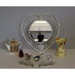 A decorative heart-shaped mirror, a Myott Art Deco design jug, two Beswick birds, two glass