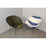 Two mid century woven plastic metal framed 'Sputnik' chairs, 66cm each with damage to the weave.