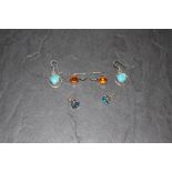 Three pairs of 925 grade white metal and stone set earrings, Larimar, Topaz and Citrine coloured