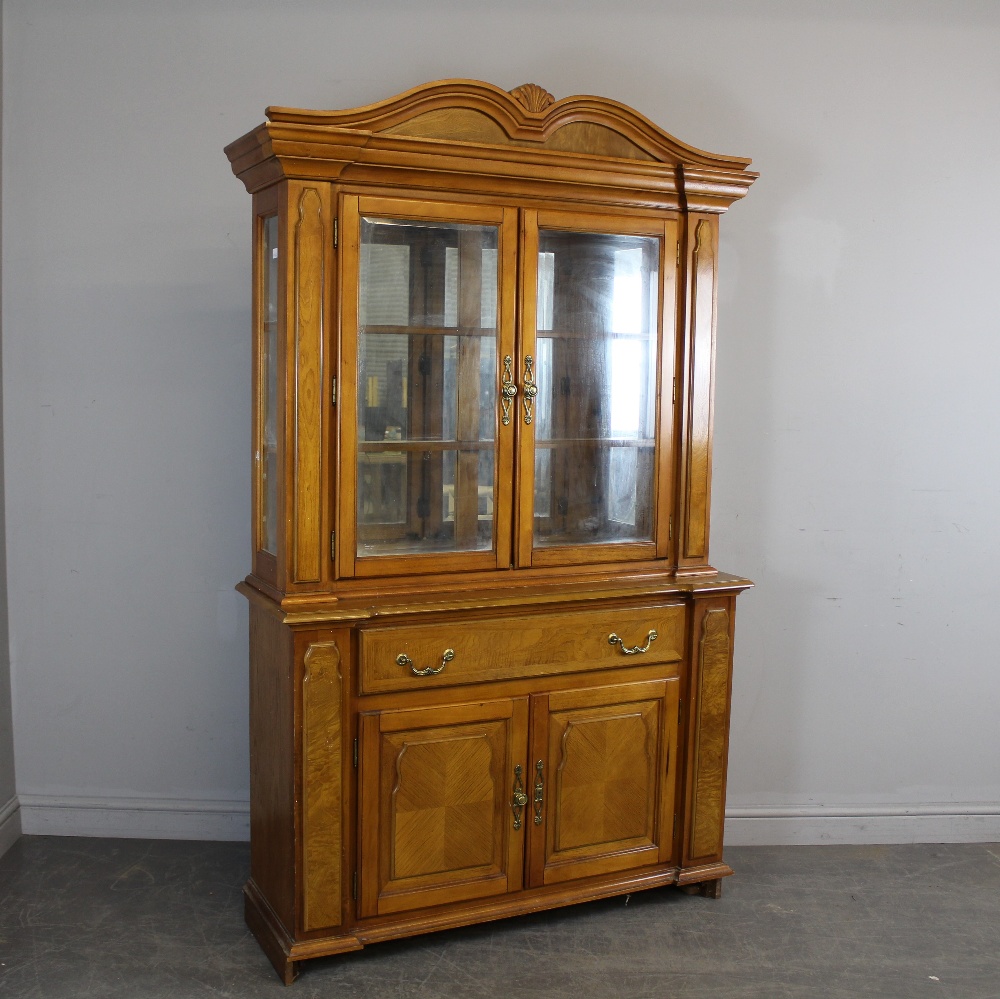 A modern walnut effect display cabinet in the antique style 203cm x 120cm x 40cm slight damage to