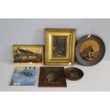An Ivorex plaque depicting Burns Cottage and a selection of mixed pictures