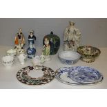 A selection of mixed ceramics, including Staffordshire pottery figures, blue and white, Delft type