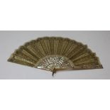 A Mother-Of-Pearl and sequined fan, the mother-of-pearl sticks inlaid, the lace leaf sequined in