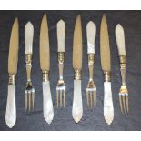 Four pairs of antique electro-plate and mother-of-pearl cake knives and forks, the knife blades
