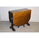 A 1940's oak drop leaf table, with rounded rectangular flaps and bulbous turned supports 75cm x 90cm