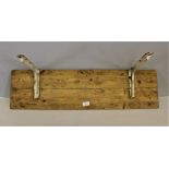A vintage pine wall shelf with white painted metal brackets 91cm x 24cm some paint losses to