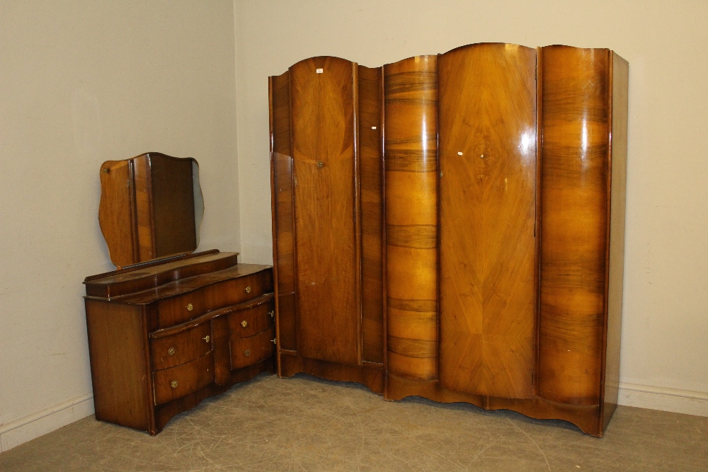 A two-piece figured walnut bedroom suite, comprising a single door wardrobe and dressing table, - Image 2 of 3