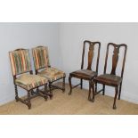 A Pair of Victorian oak dining chairs, with padded backs and sprung seats over barley-twist supports