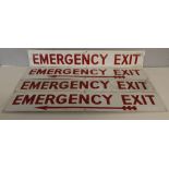 A group of four vintage enamel 'Emergency Exit' signs 15.5cm x 81.5cm one with paint and plaster
