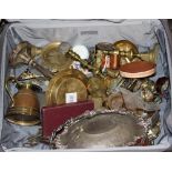 A selection of brass and metal wares, including candlesticks, jug, plated basket pin dishes etc.