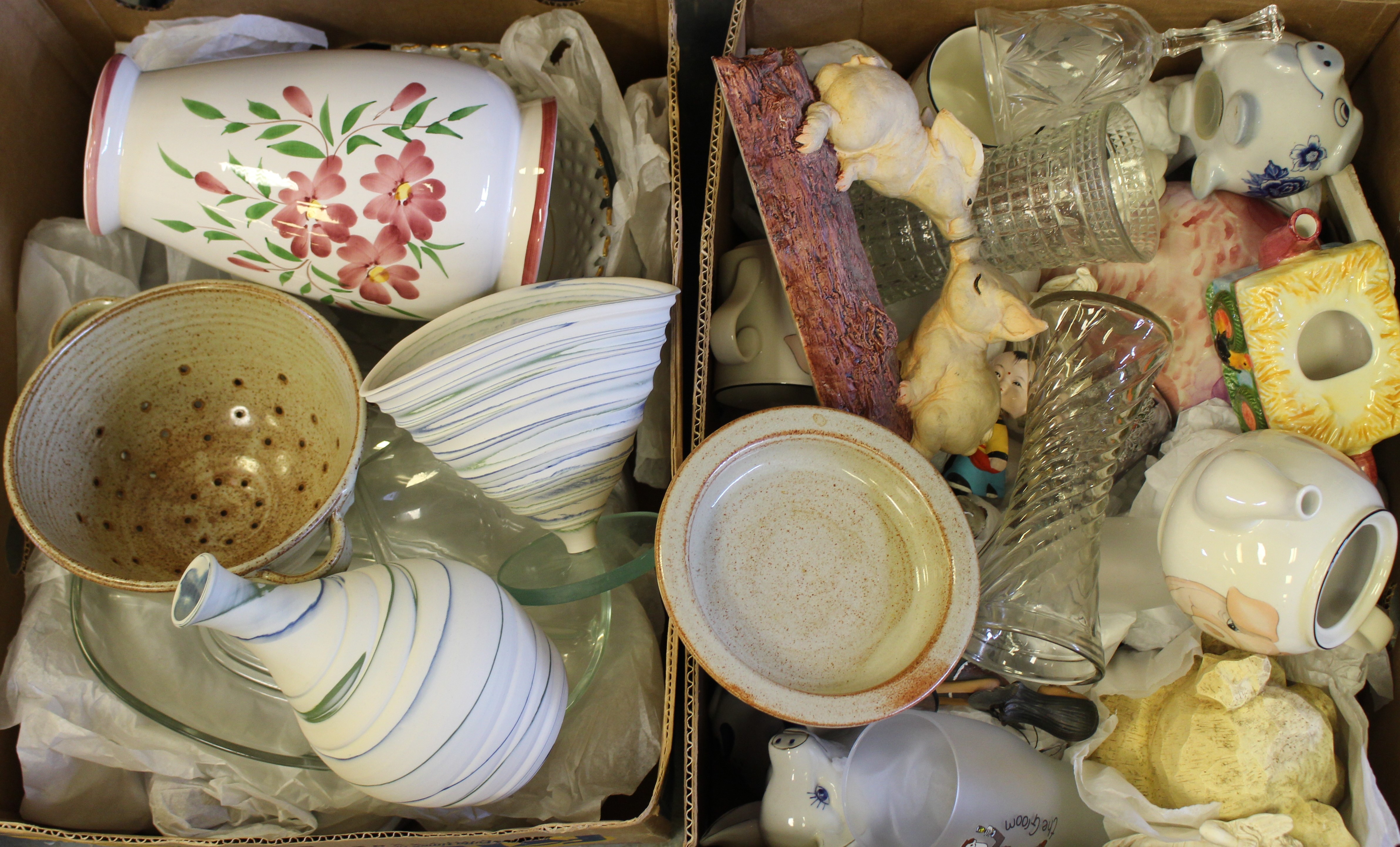 Two boxes of art pottery, novelty china, glass and resin wares