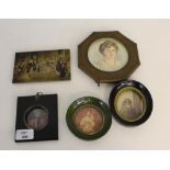 A 19th century style portrait miniature of a military gentleman, an oval photograph of a lady, and