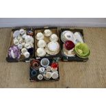 Four boxes of mixed china, including commemorative cups, Wood & Sons Chepstow dish, foliate