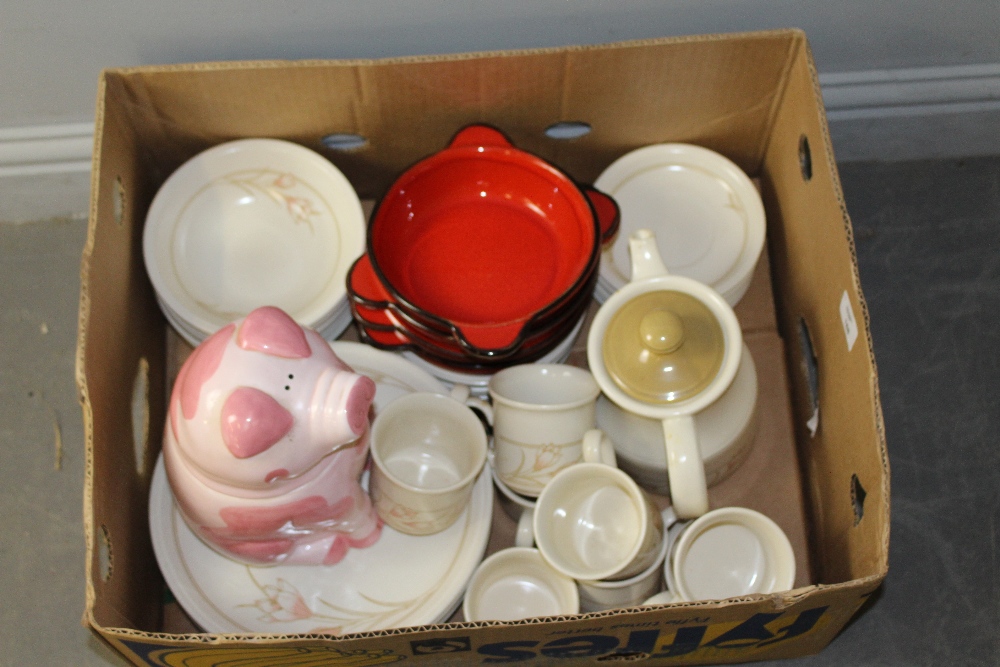 A quantity of BIlton's tea/dinner wares, a pig form cookie jar, and four red glazed dishes. good