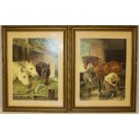 A pair of Victorian coloured lithograhic prints, depicting a farrier and three horses, Birn Brothers