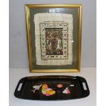 A framed Egyptian L'Alphabet Hieroglyphique' papyrus picture and a small souvenir tray 'Sounenir