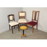 A small 1960's retro wine table/stand 46cm x 28cm and a group of three miscellaneous chairs, wear,