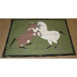 Early 20th Century Indonesian gouache on cotton, Two fighting stallions, tethered and muzzled,