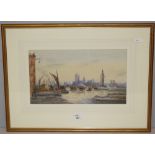 An early 20th century watercolour, view of The river Thames, with Blackfriars Bridge and The House
