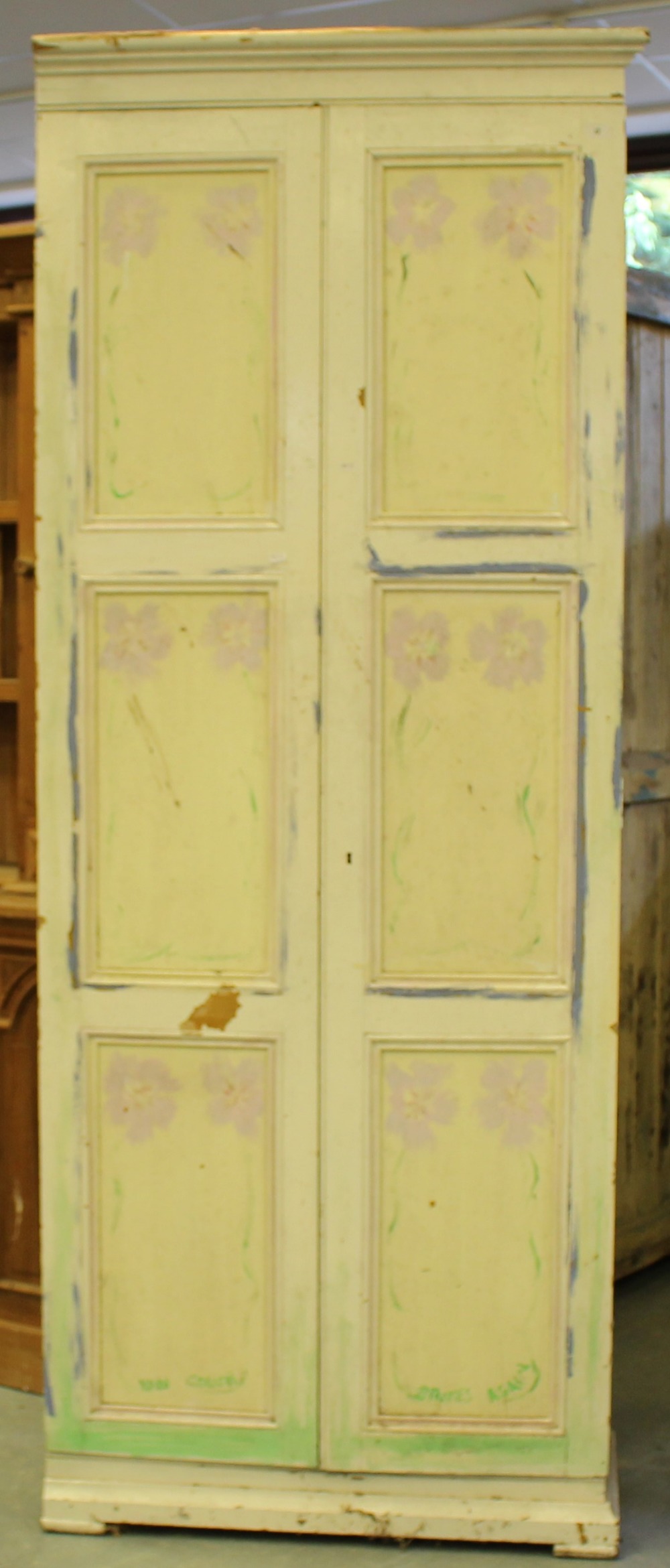 A large 19th century painted pine cupboard, with two triple panelled doors enclosing the internal - Image 2 of 5