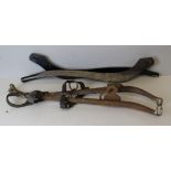 A pair of vintage English metal Haymes 84cm long some corrosion, retaining the leather straps, and a