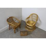 Two woven wicker child's or doll's chairs and a small woven wicker sewing box, minor damages to