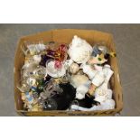 A box of miscellaneous resin animal figures, novelty china, Aynsley china, art glass dish, glass