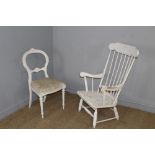 A white-painted stick-back armchair, reduced legs and most likely formerly a rocking chair 98cm,