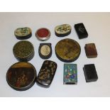 A selection of various snuff boxes, powder boxes, enamelled match box case etc.