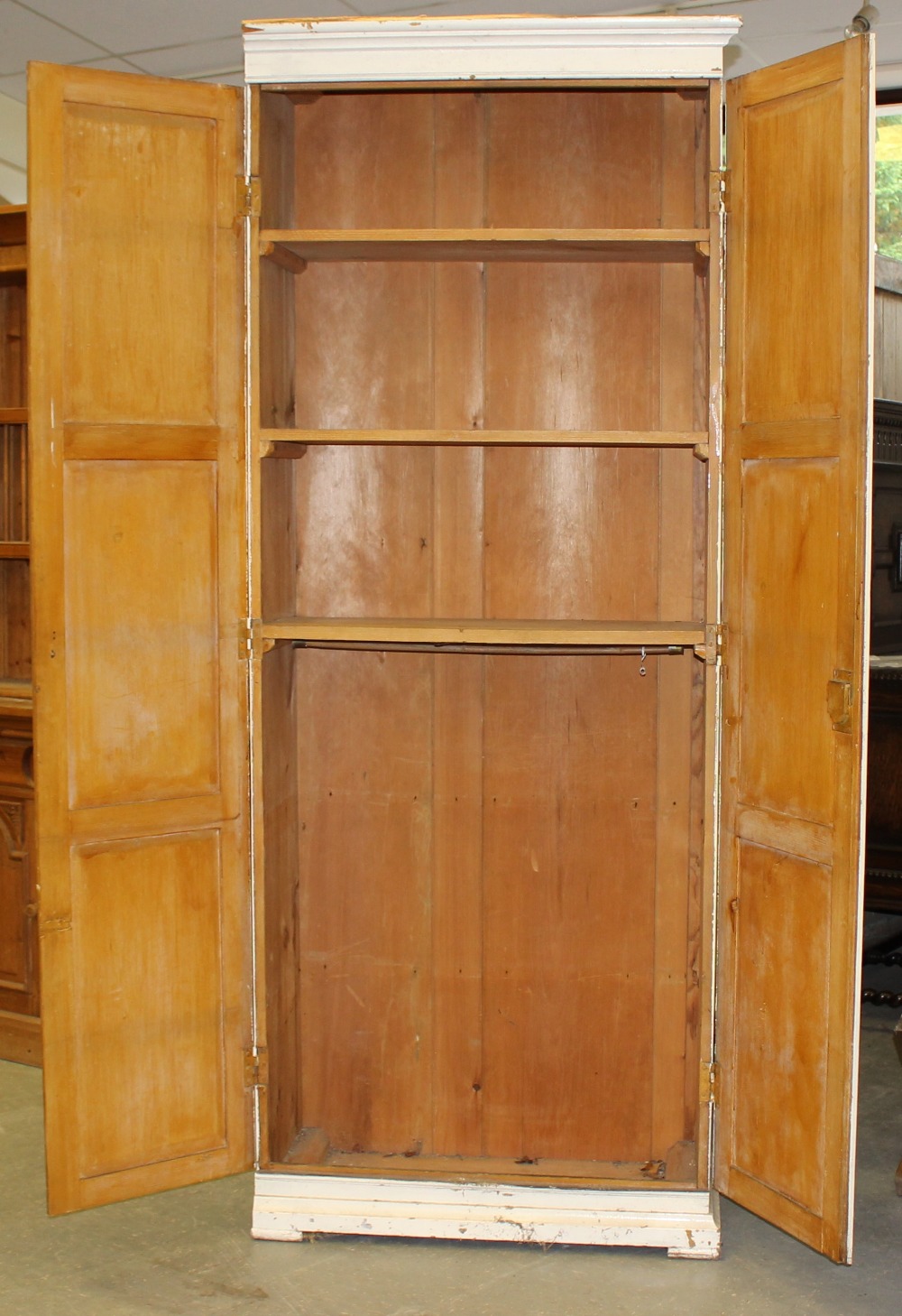 A large 19th century painted pine cupboard, with two triple panelled doors enclosing the internal - Image 4 of 5