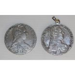 Two Austrian Maria Theresa 1780 Thaler coins, one mounted as a pendant, gross weight 56.8grams F &