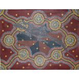 A 20th century Aboriginal dot work oil on canvas material, a vibrant well executed lizard and