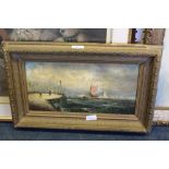 A 19th century oil on panel, coastal scene with boats and figures, unsigned within a moulded gilt