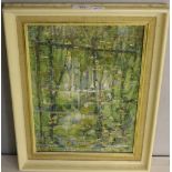 A small unsigned abstract oil on canvas, on board, most likely Judith Valentine, abstract, within