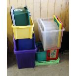 A group of twenty plastic storage boxes, some with lids, various capacities. Used condition.