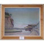 Oil painting on board, Mediterranean coastal road scene, Juan Montserrat label verso, 23cm x 29cm