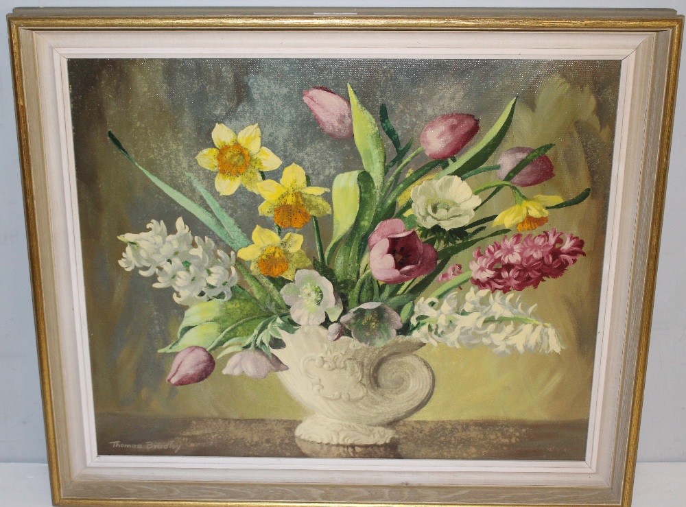 Thomas Bradley (1889-1993) oil on board, still life study, cornucopia vase of spring flowers, signed