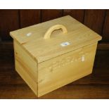 A modern Stow Green beech bread bin, with lift-off cover 28cm x 34cm x 25cm in good condition.
