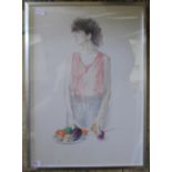 In the manner of Adrian George or David Hockney, a coloured pencil drawing of a young woman chopping
