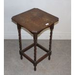 1920's oak square occasional table, top with canted corners on spiraled legs, 45cm square x 72cm