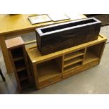 A modern light oak cupboard, imported wood storage shelves, and a 'floating' shelf, used condition